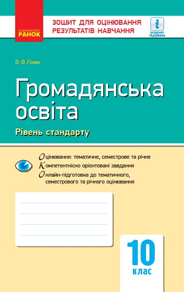 Обкладинка Громадянська освіта. 10 клас. Зошит для оцінювання результатів навчання